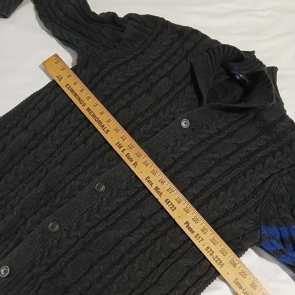 Gap XL Men's Cable-Knit Dark Grey Button-Up Cardigan 100% Cotton Striped-Sleeve